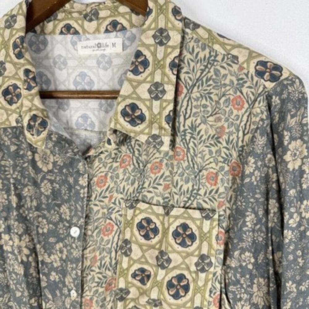 Natural Life Patchwork Floral Top M Botanical Button Up Tie Hem Blouse Womens